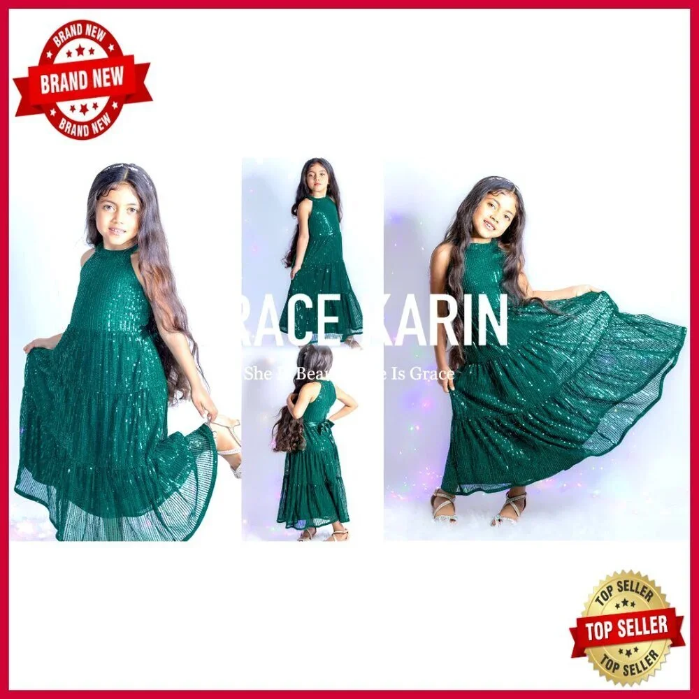 Sequin Maxi Dress Elegant Formal Party Wear Girls Long Dress with Satin